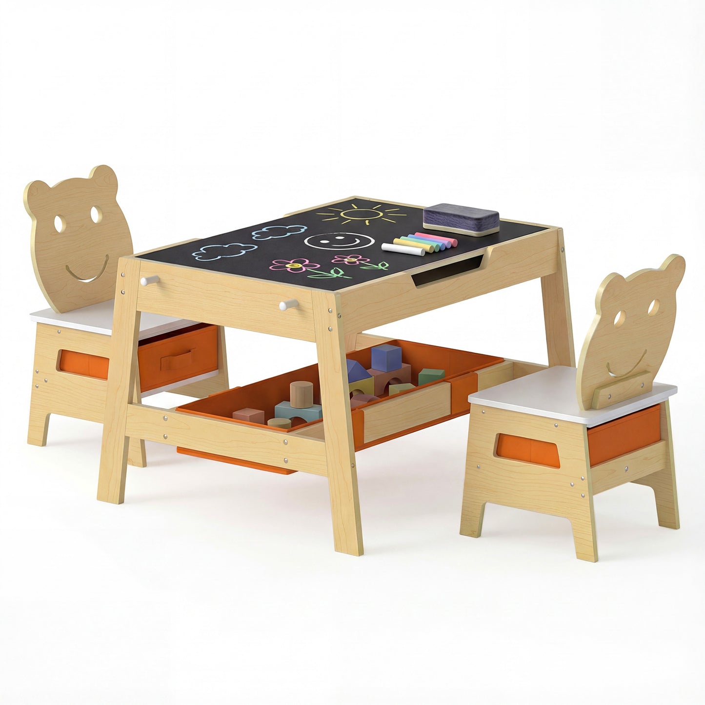 Kids Table and 2 Chairs Set with Reversible Chalkboard