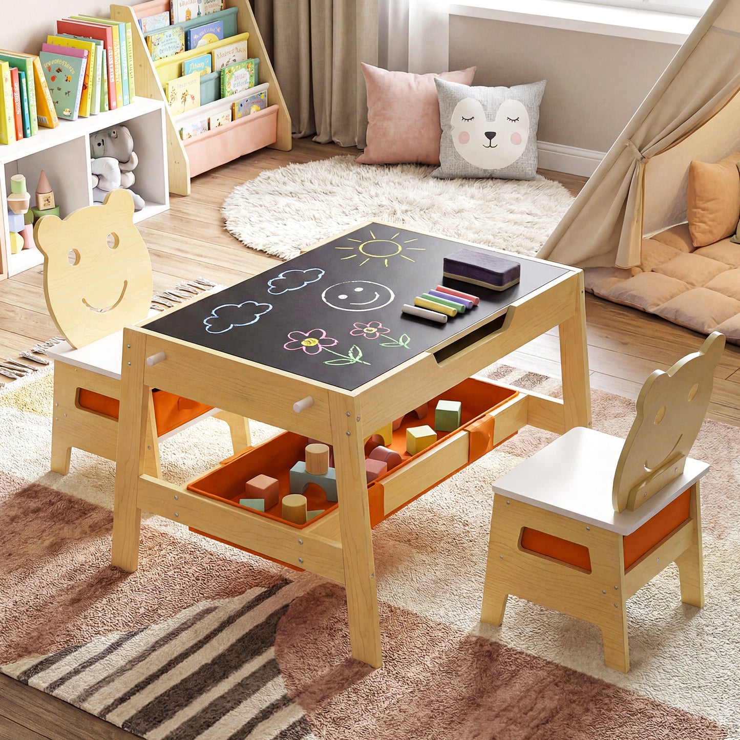Kids Table and 2 Chairs Set with Reversible Chalkboard