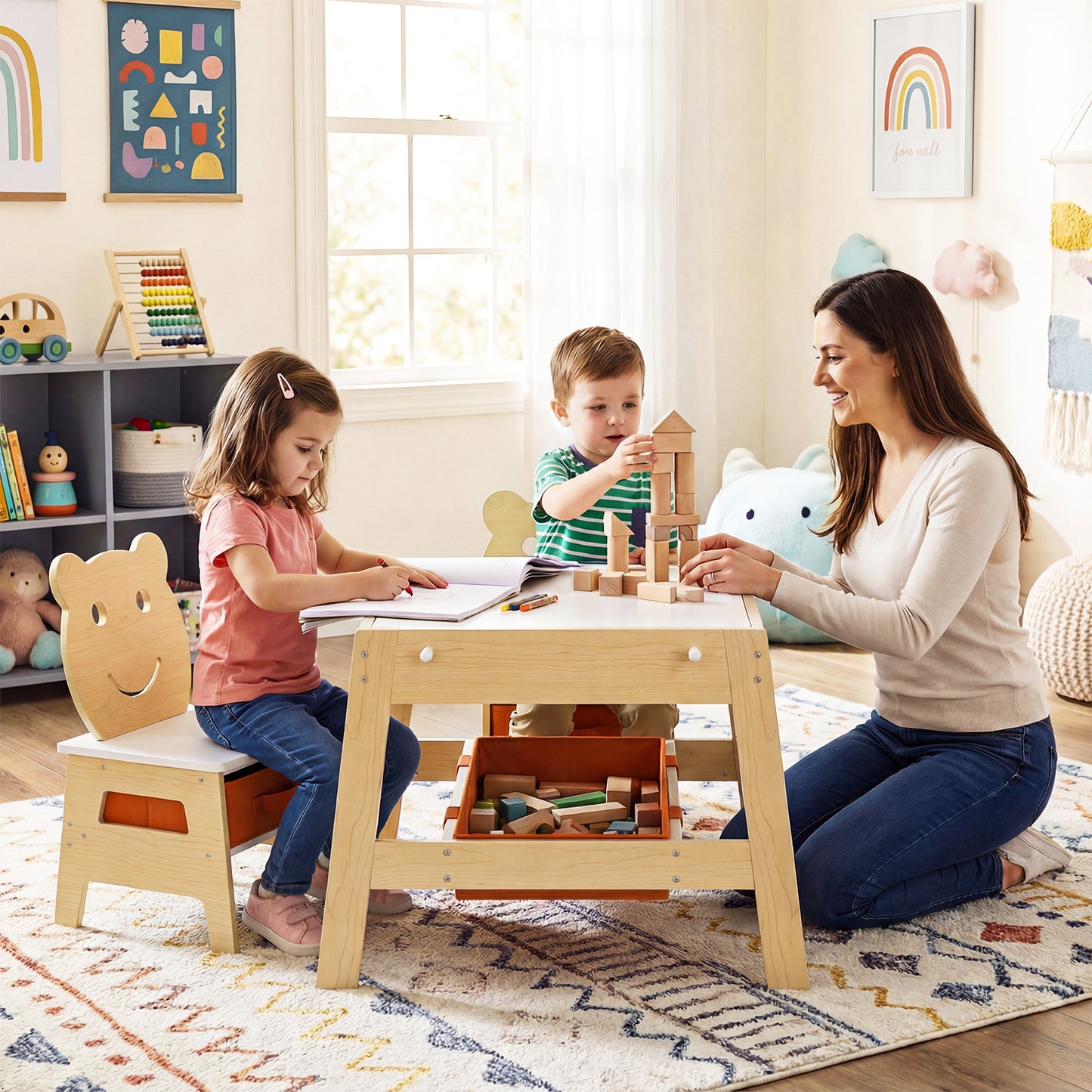 Kids Table and 2 Chairs Set with Reversible Chalkboard
