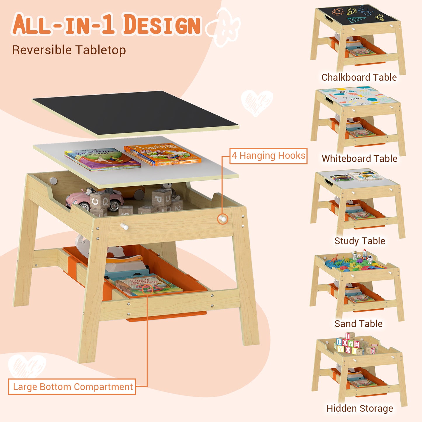 Kids Table and 2 Chairs Set with Reversible Chalkboard