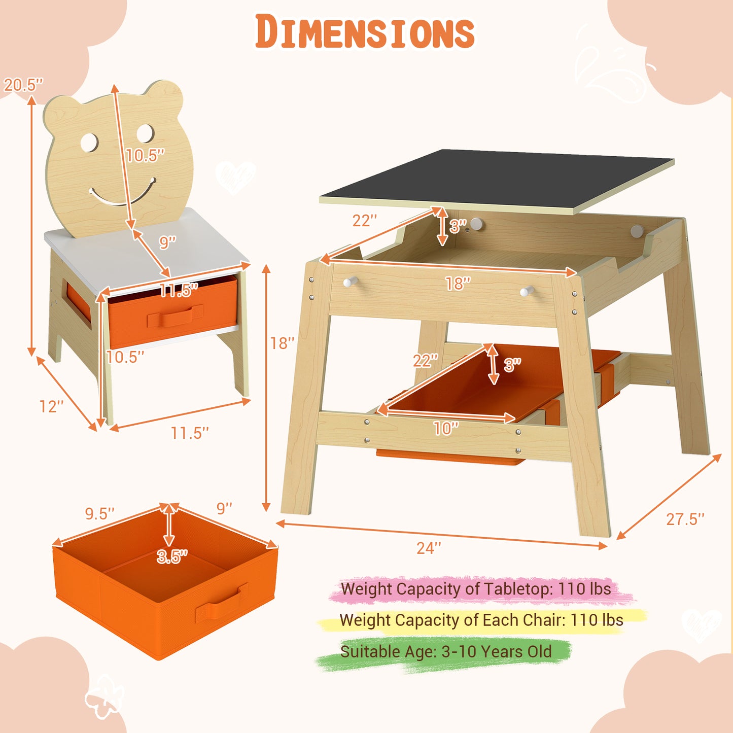 Kids Table and 2 Chairs Set with Reversible Chalkboard
