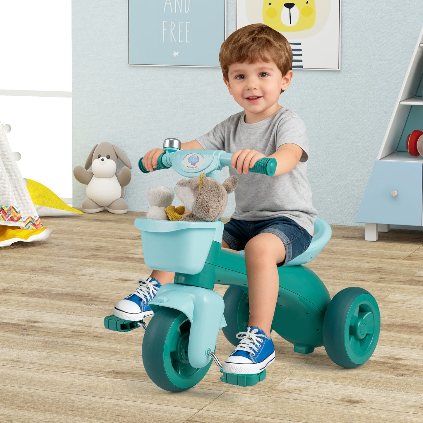 Toddler Tricycle with Limited Steering with Front Baskets and Bell
