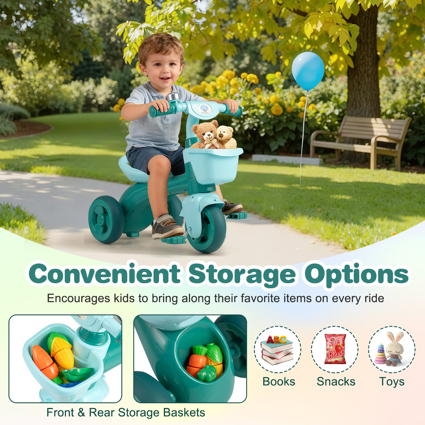 Toddler Tricycle with Limited Steering with Front Baskets and Bell