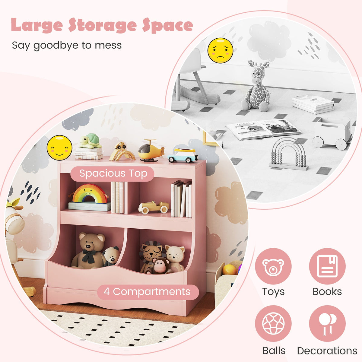 Toy Storage Organizer 4-Cubby Kids Bookcase for Toys and Books