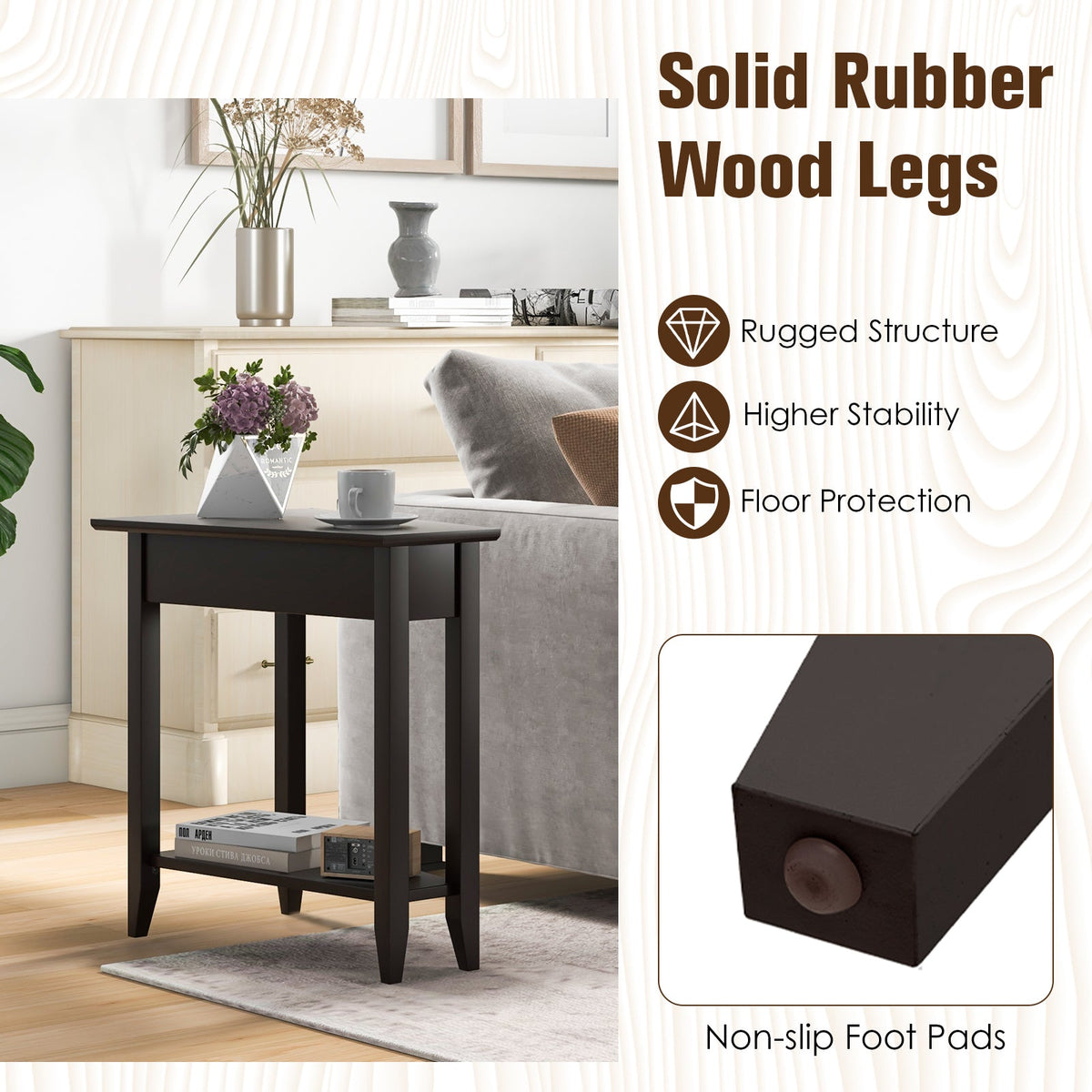 2-Tier Wedge Narrow End Table with Storage Shelf and Solid Wood Legs