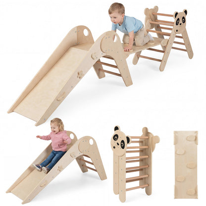Triangle Set Foldable Kids Climbing Toys Panda-Themed Wood Montessori Climbing Set