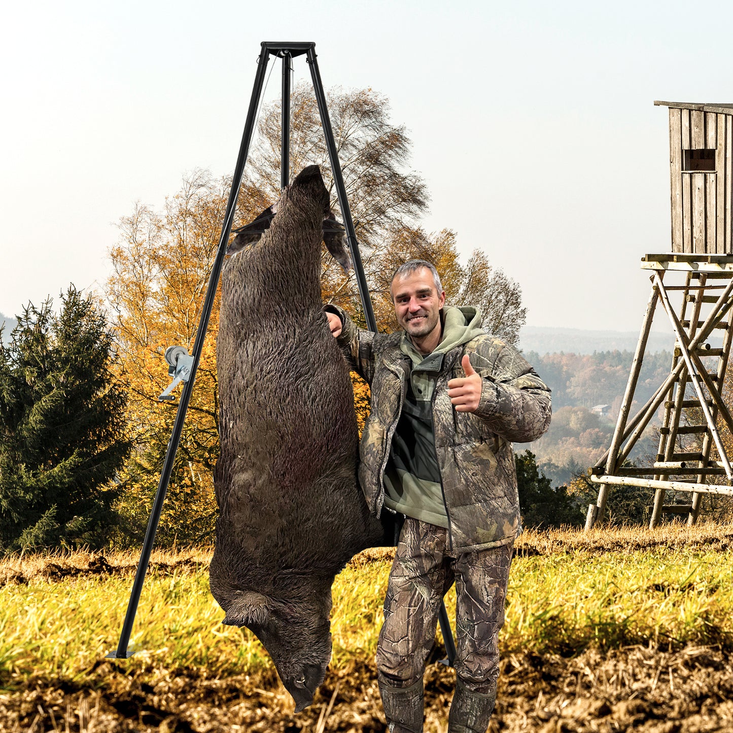 Tripod Game Hoist with Hand Crank - 600 LBS Capacity