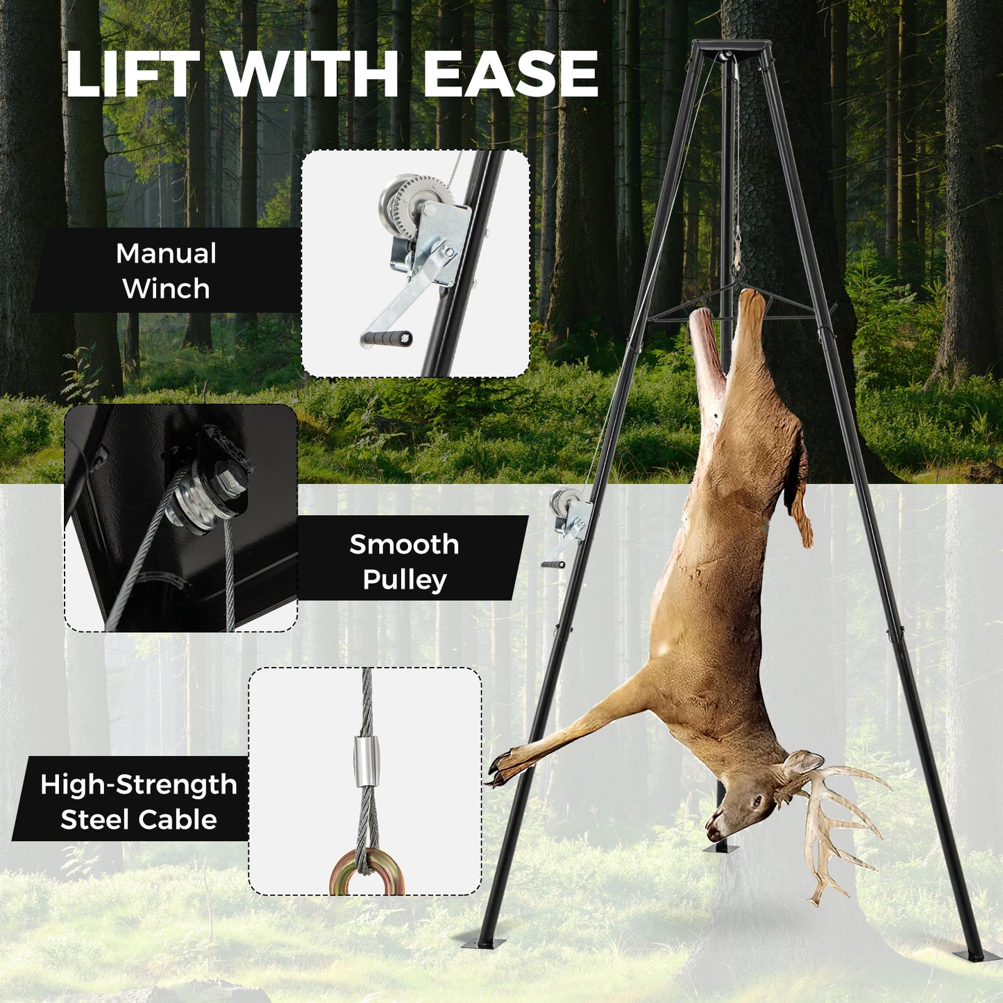 Tripod Game Hoist with Hand Crank - 600 LBS Capacity