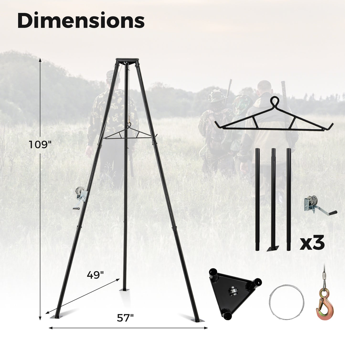 Tripod Game Hoist with Hand Crank - 600 LBS Capacity