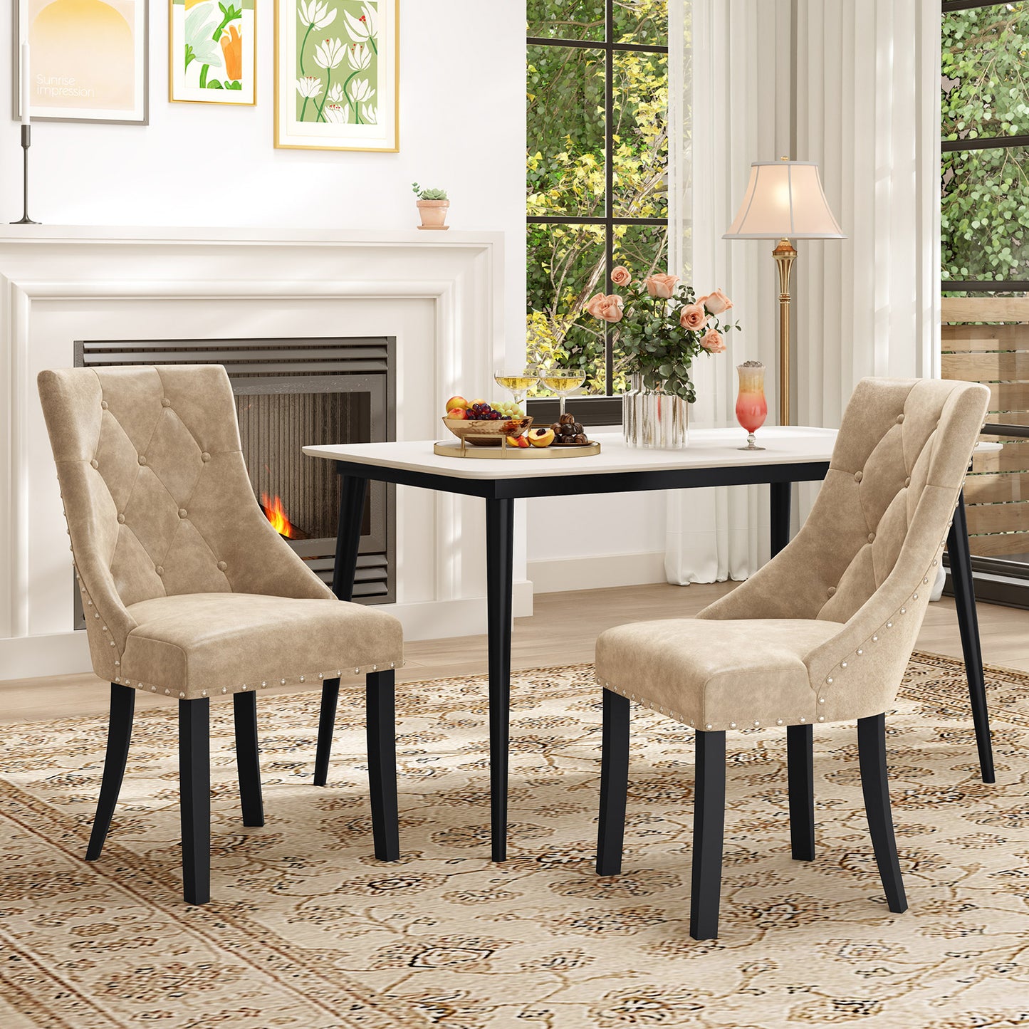 Tufted Wingback Dining Chairs Set of 2 - Light Brown