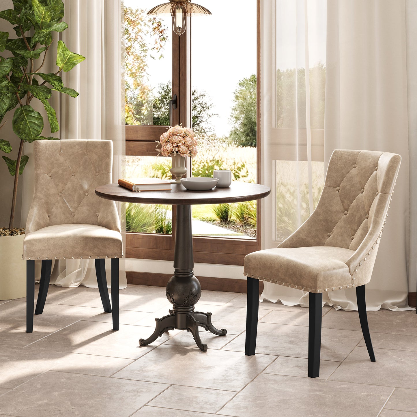 Tufted Wingback Dining Chairs Set of 2 - Light Brown