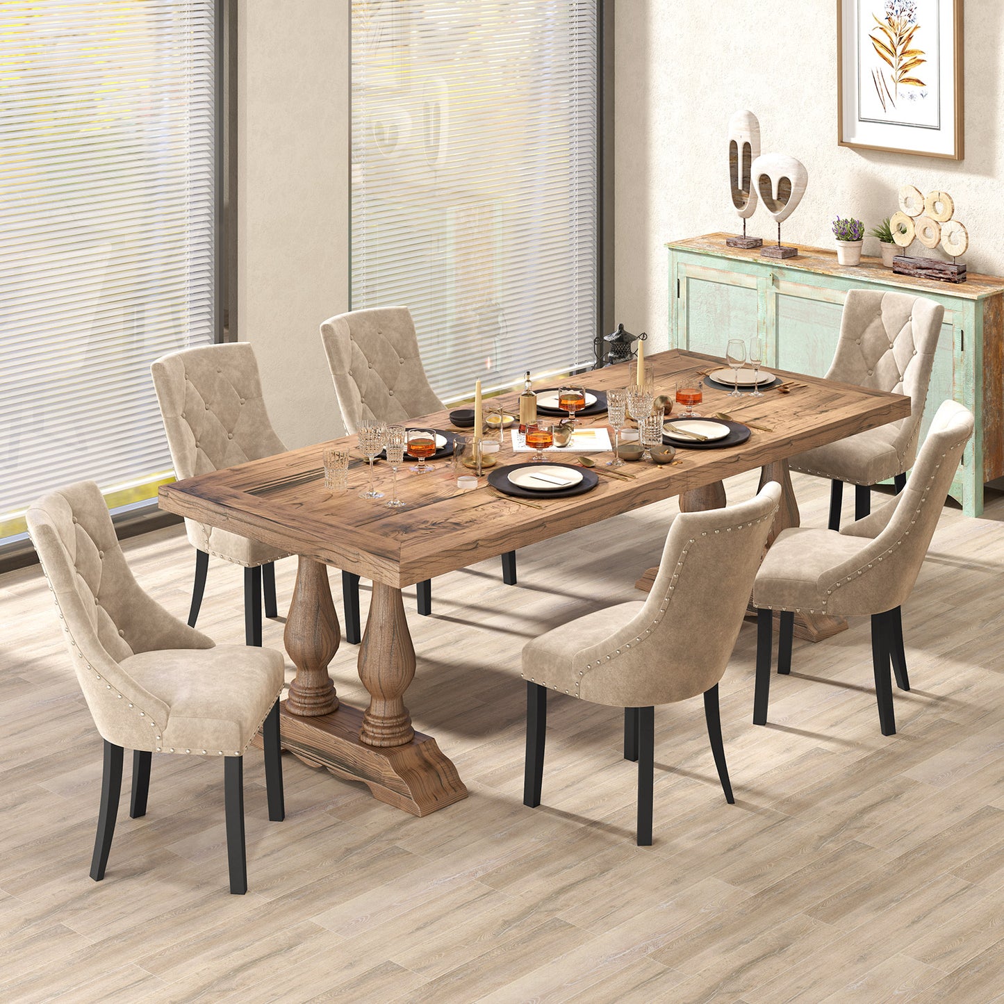 Tufted Wingback Dining Chairs Set of 2 - Light Brown