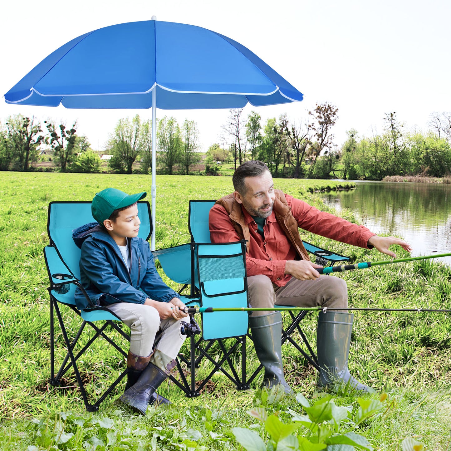 Folding Double Chair with Umbrella and Cooler Bag