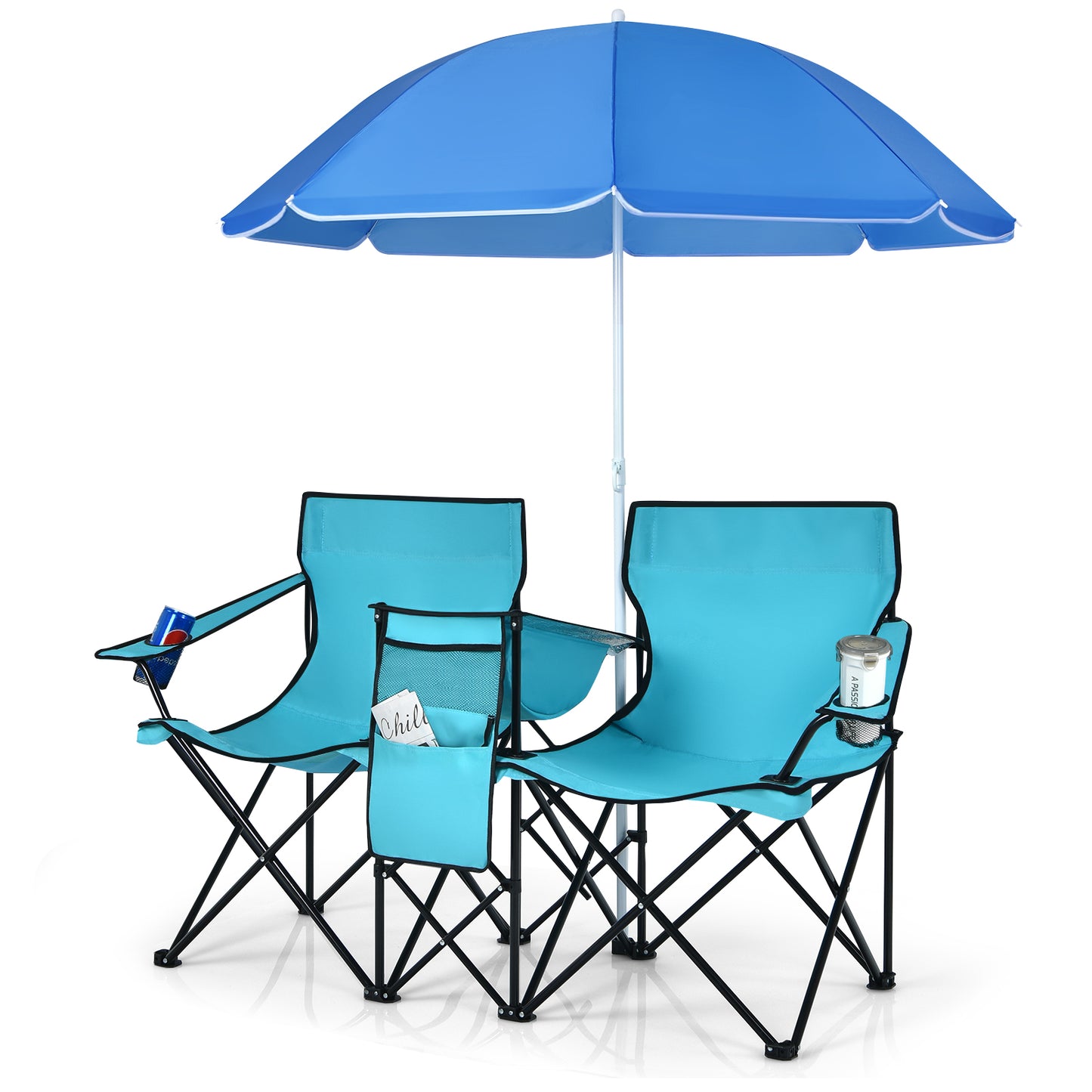 Folding Double Chair with Umbrella and Cooler Bag