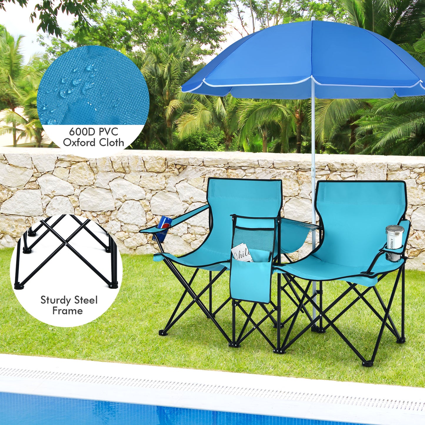 Folding Double Chair with Umbrella and Cooler Bag