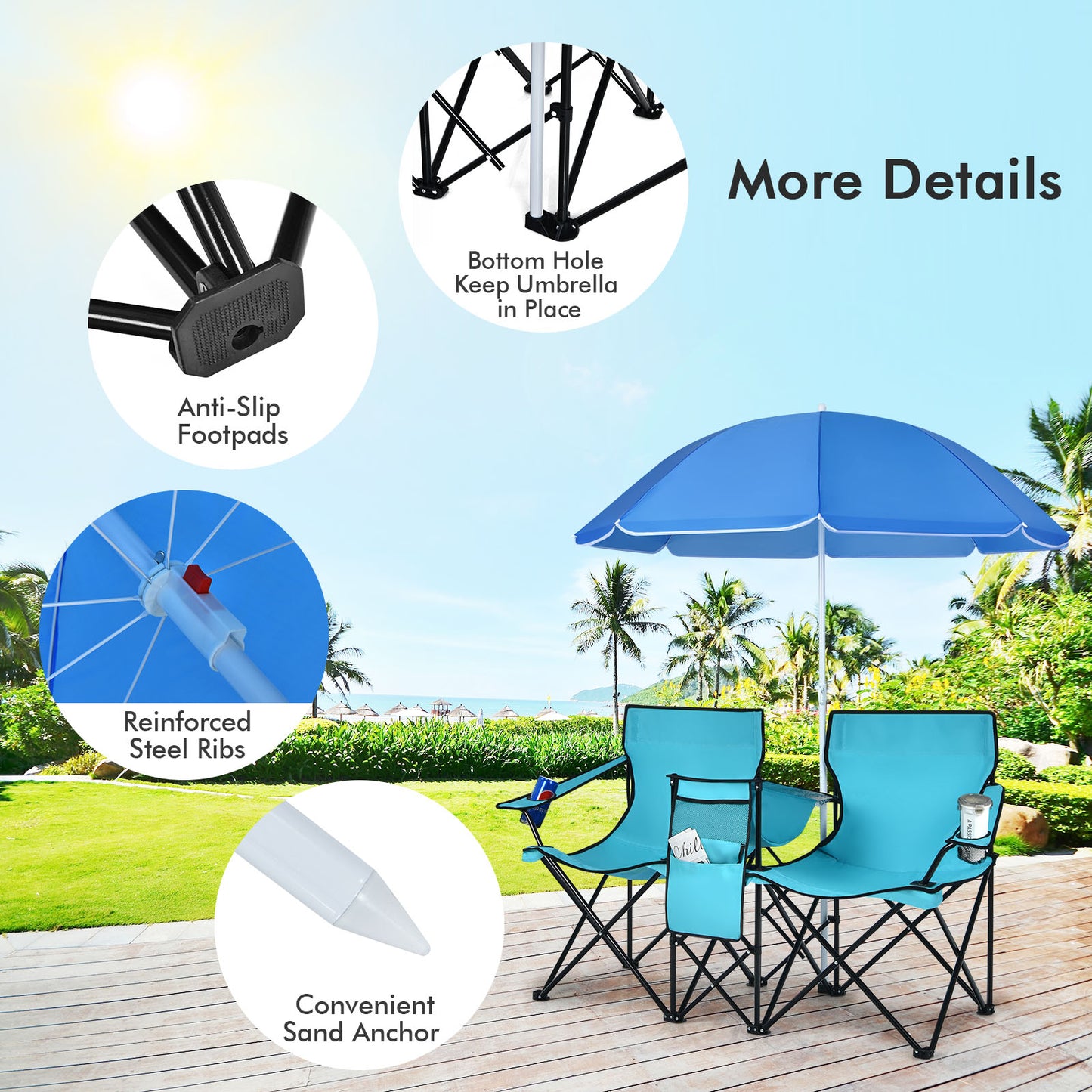 Folding Double Chair with Umbrella and Cooler Bag