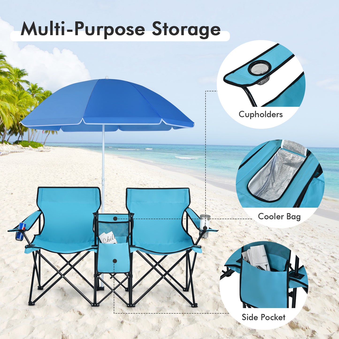 Folding Double Chair with Umbrella and Cooler Bag