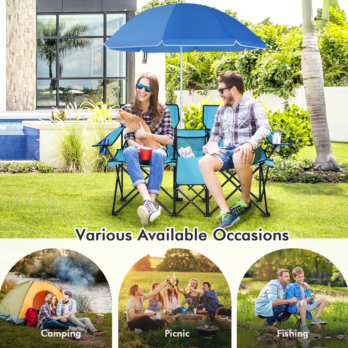 Folding Double Chair with Umbrella and Cooler Bag