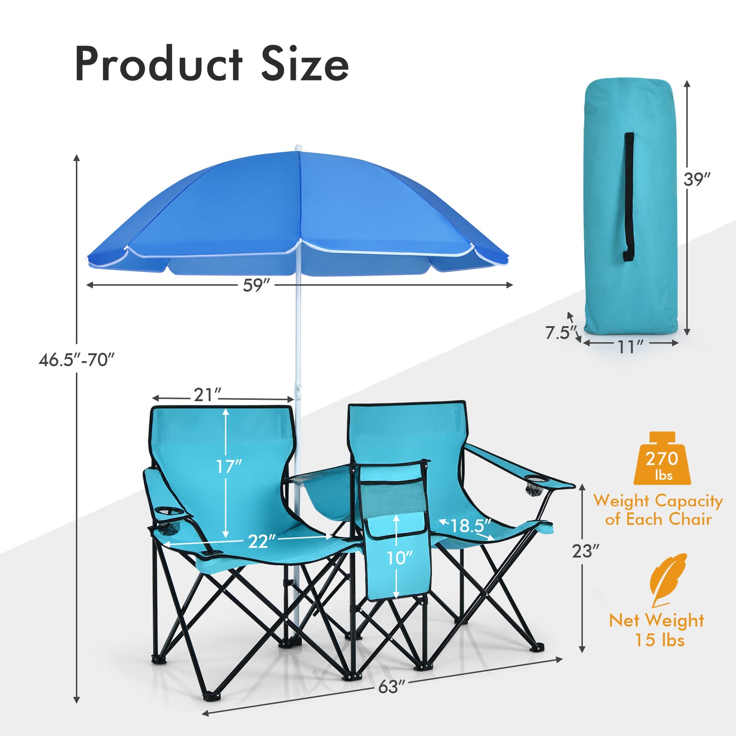 Folding Double Chair with Umbrella and Cooler Bag