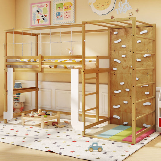 Twin Bunk Bed with Jungle Gym Wooden Loft Bed with Climbing Ladder-Natural