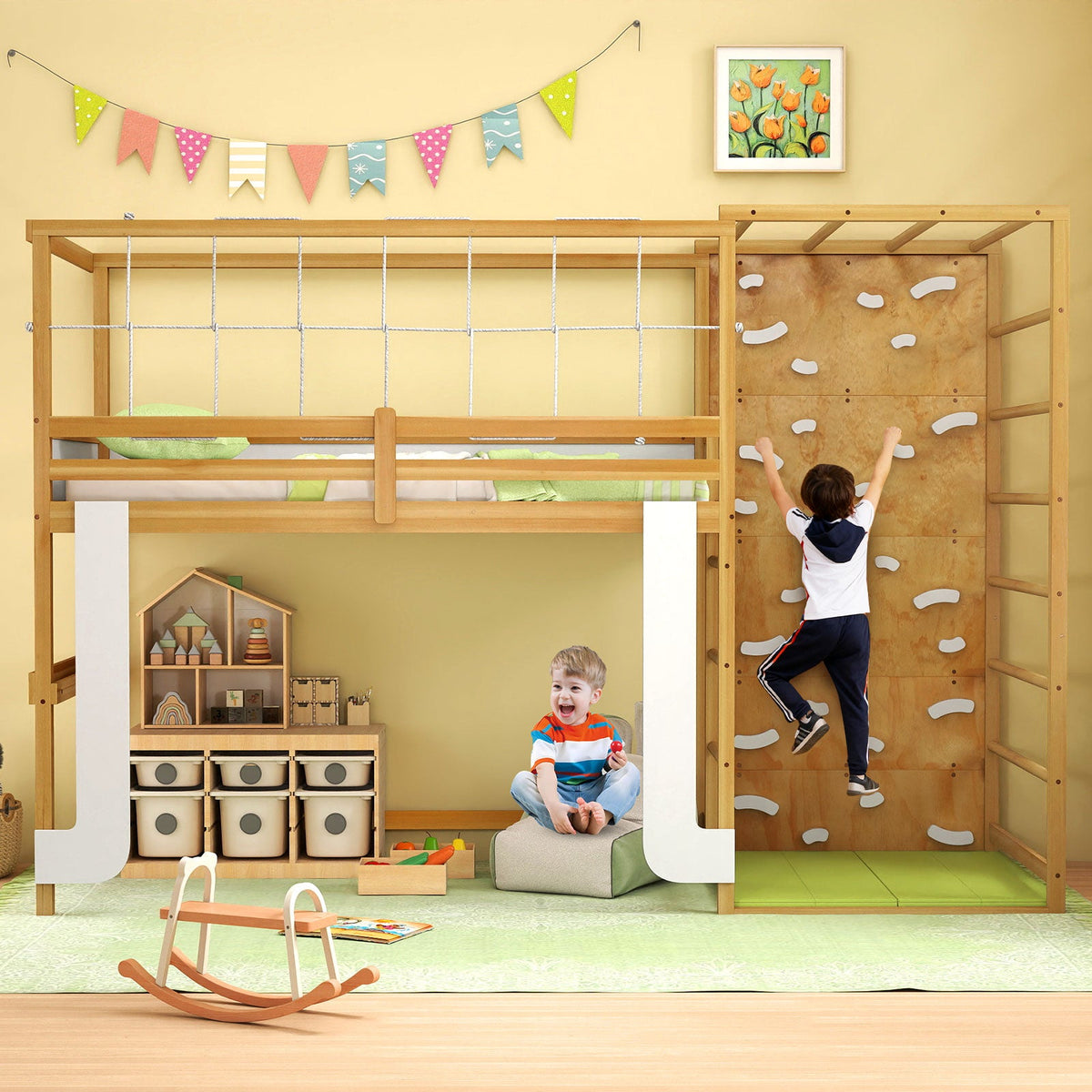 Twin Bunk Bed with Jungle Gym Wooden Loft Bed with Climbing Ladder-Natural