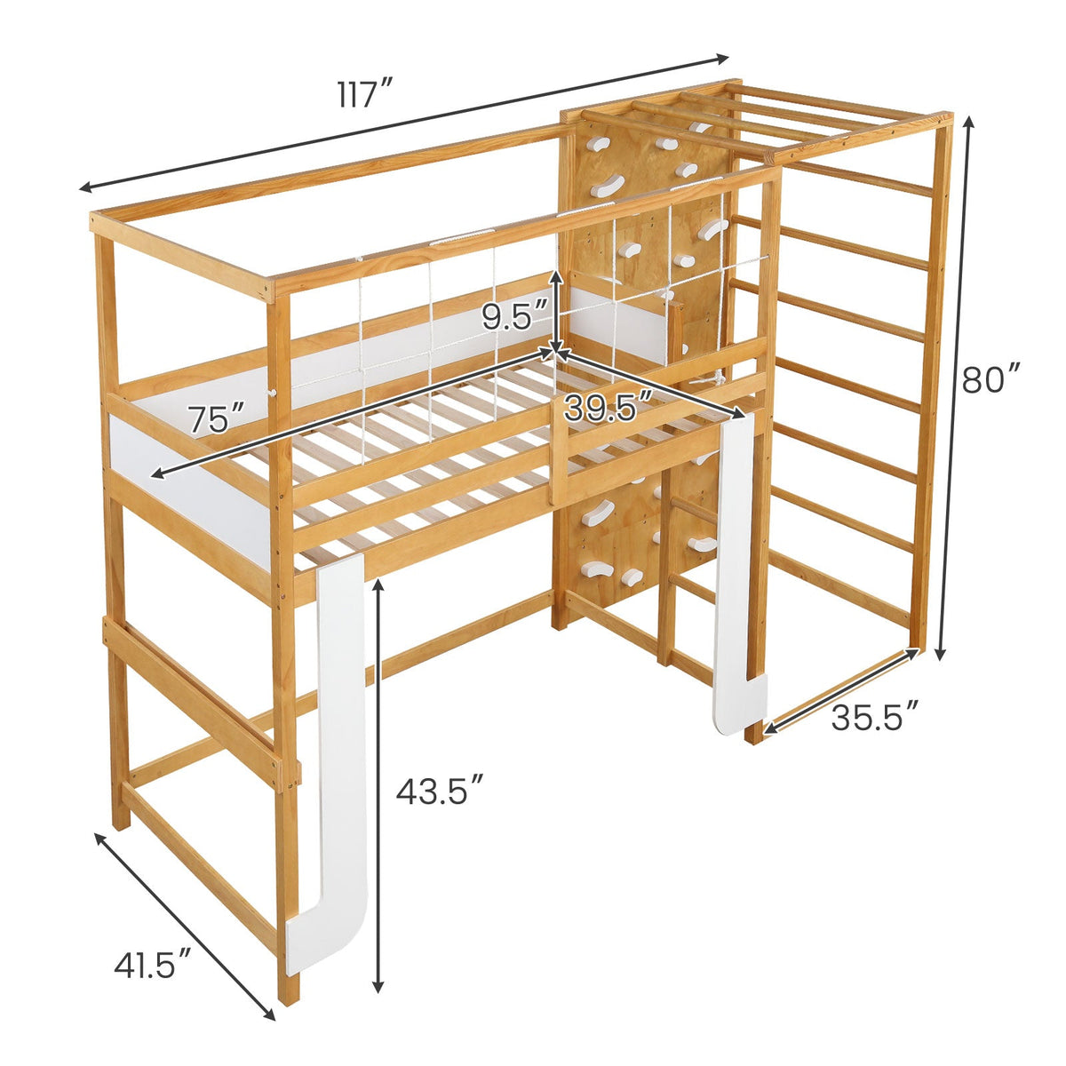 Twin Bunk Bed with Jungle Gym Wooden Loft Bed with Climbing Ladder-Natural
