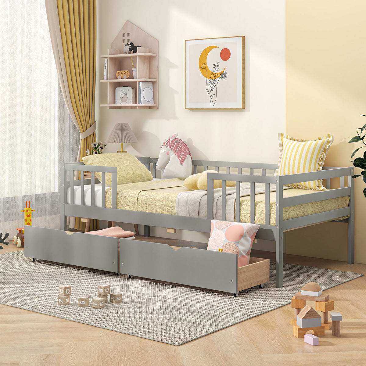 Twin Daybed with Fence and 2 Drawers Kids Bed for Boys & Girls