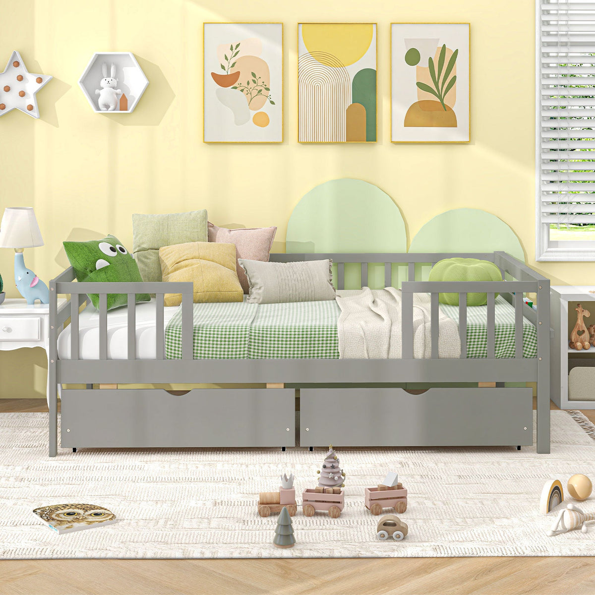 Twin Daybed with Fence and 2 Drawers Kids Bed for Boys & Girls