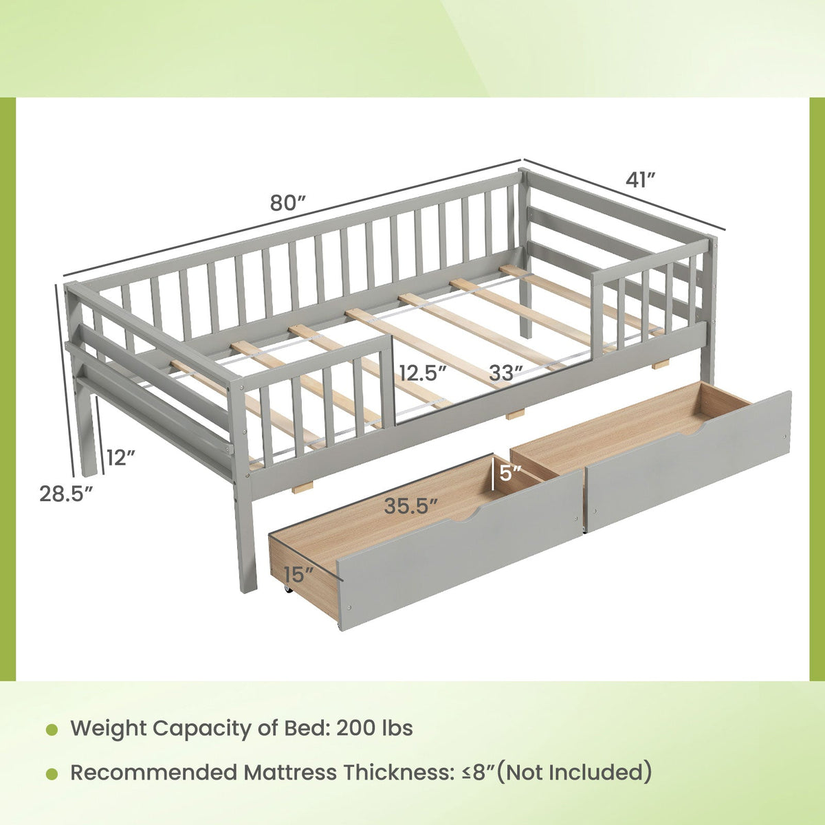 Twin Daybed with Fence and 2 Drawers Kids Bed for Boys & Girls
