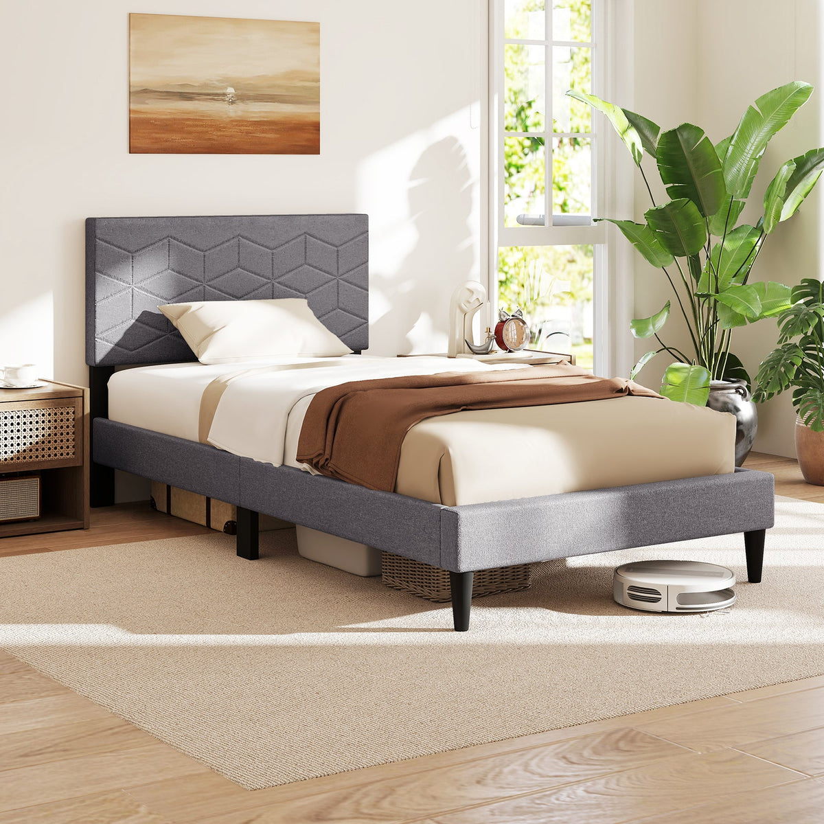 Twin/Full/Queen Size Bed Frame Modern Platform Bed with Linen Fabric Upholstered Headboard