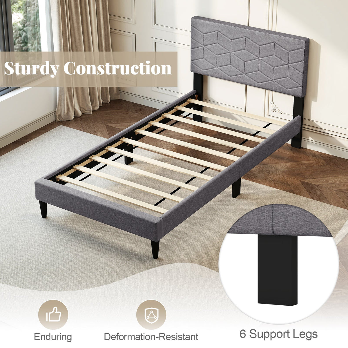 Twin/Full/Queen Size Bed Frame Modern Platform Bed with Linen Fabric Upholstered Headboard