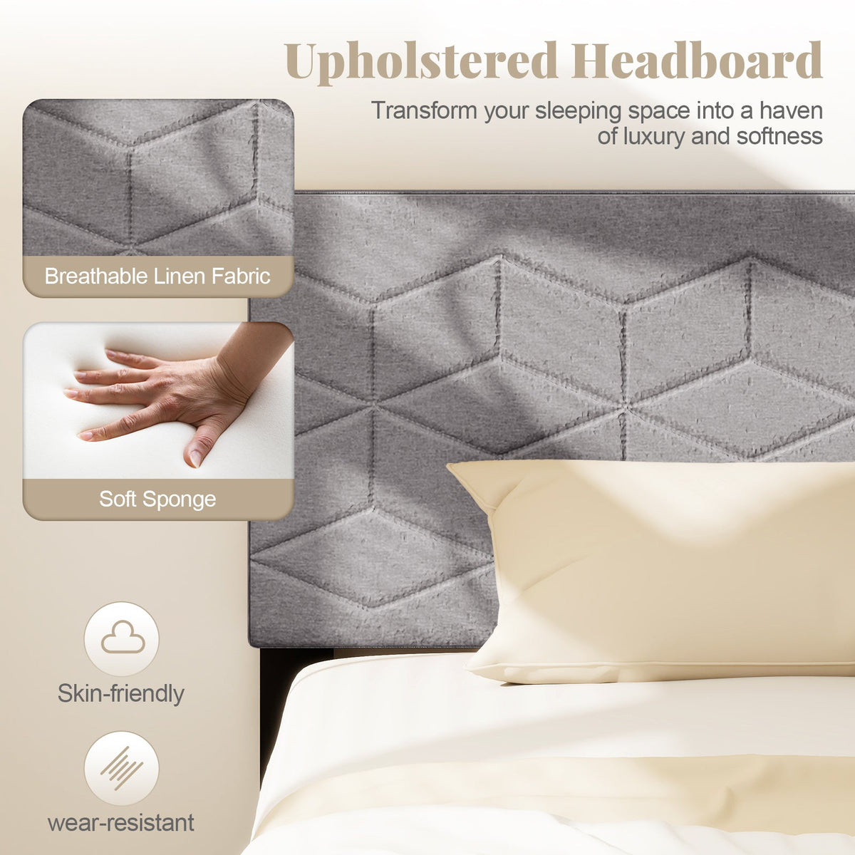Twin/Full/Queen Size Bed Frame Modern Platform Bed with Linen Fabric Upholstered Headboard