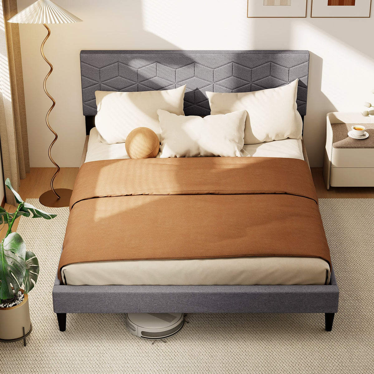 Twin/Full/Queen Size Bed Frame Modern Platform Bed with Linen Fabric Upholstered Headboard