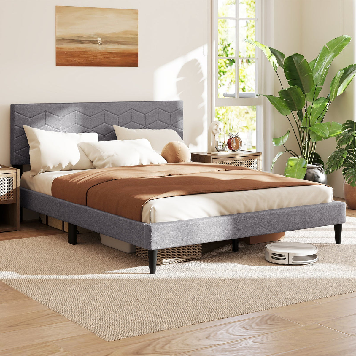 Twin/Full/Queen Size Bed Frame Modern Platform Bed with Linen Fabric Upholstered Headboard