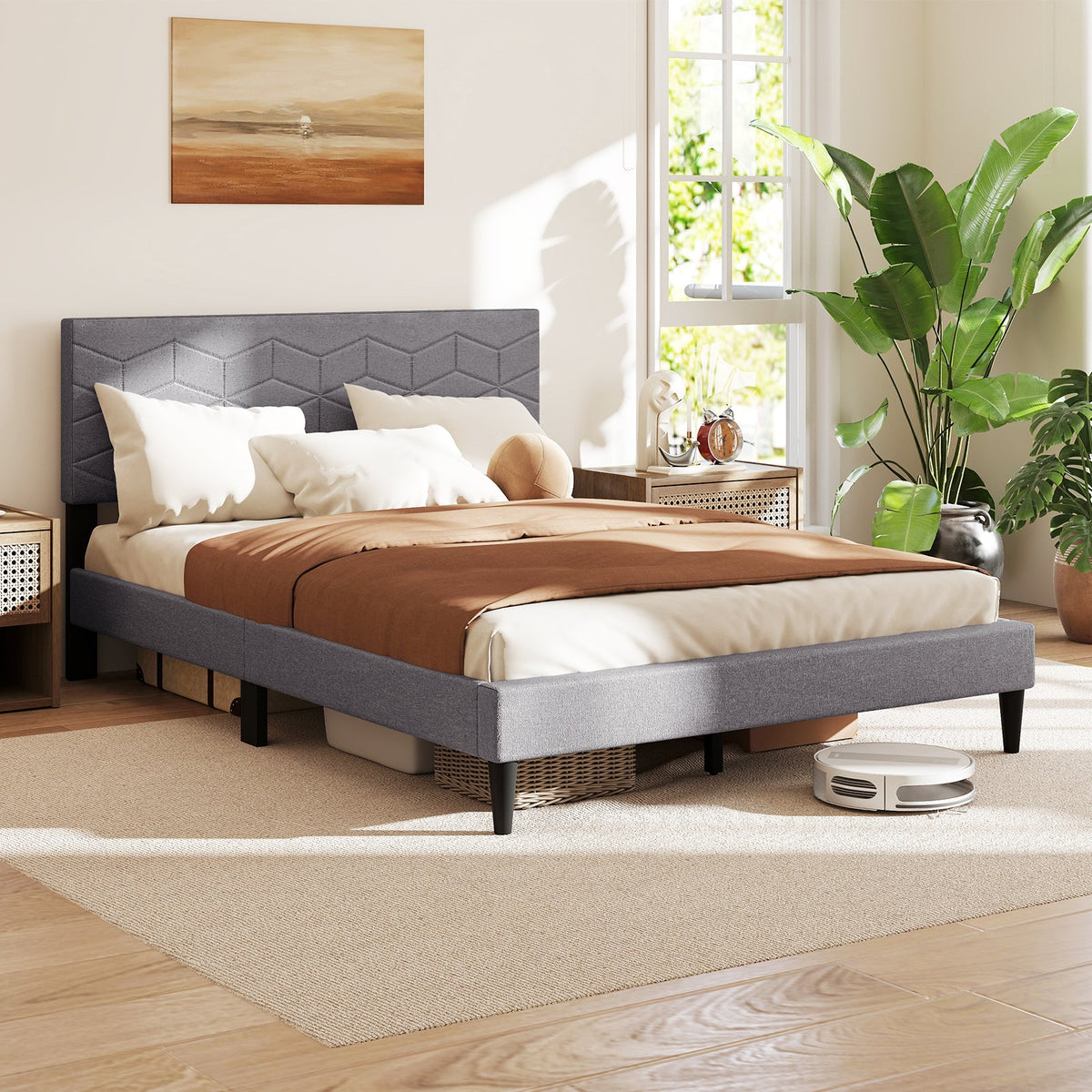 Twin/Full/Queen Size Bed Frame Modern Platform Bed with Linen Fabric Upholstered Headboard