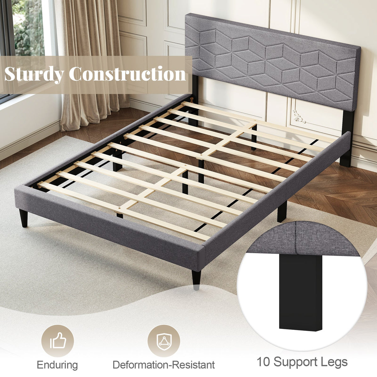 Twin/Full/Queen Size Bed Frame Modern Platform Bed with Linen Fabric Upholstered Headboard