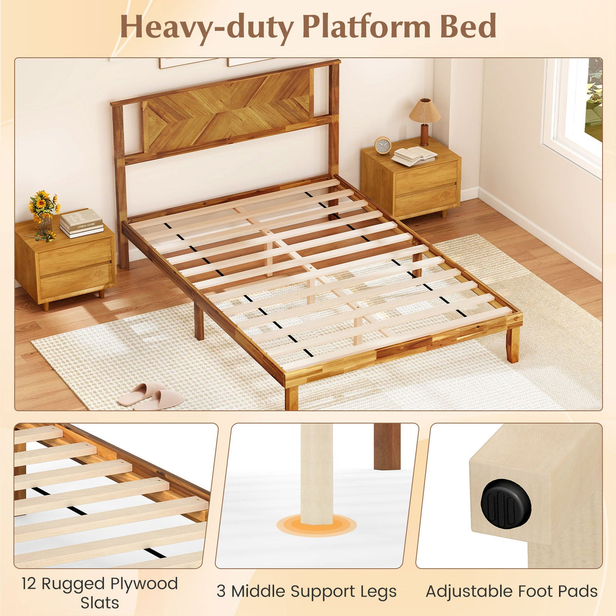 Twin/Full/Queen Size Bed Frame Mid-Century Acacia Wood Platform Bed with Headboard