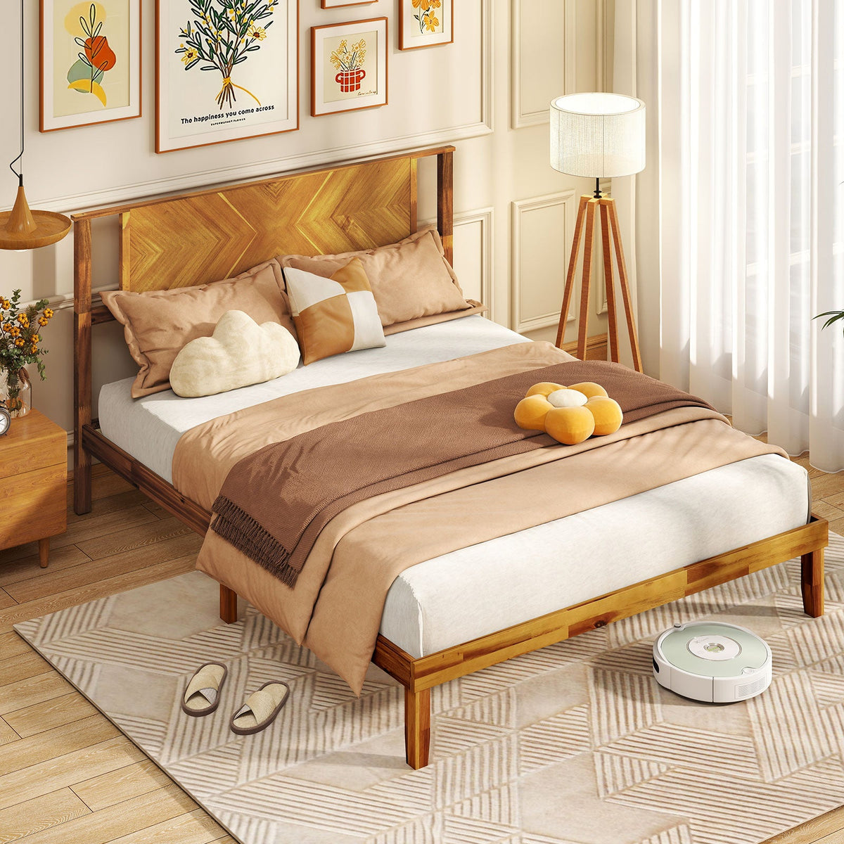Twin/Full/Queen Size Bed Frame Mid-Century Acacia Wood Platform Bed with Headboard