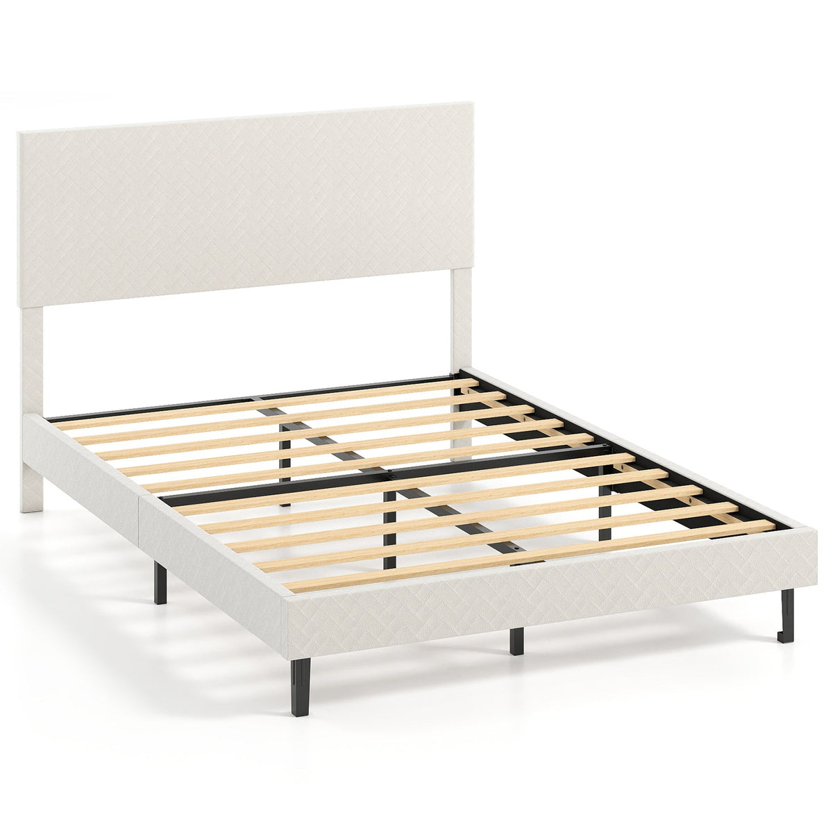 Twin/Full/Queen Size Velvet Bed Frame Upholstered Platform Bed with Chevron Headboard Beige