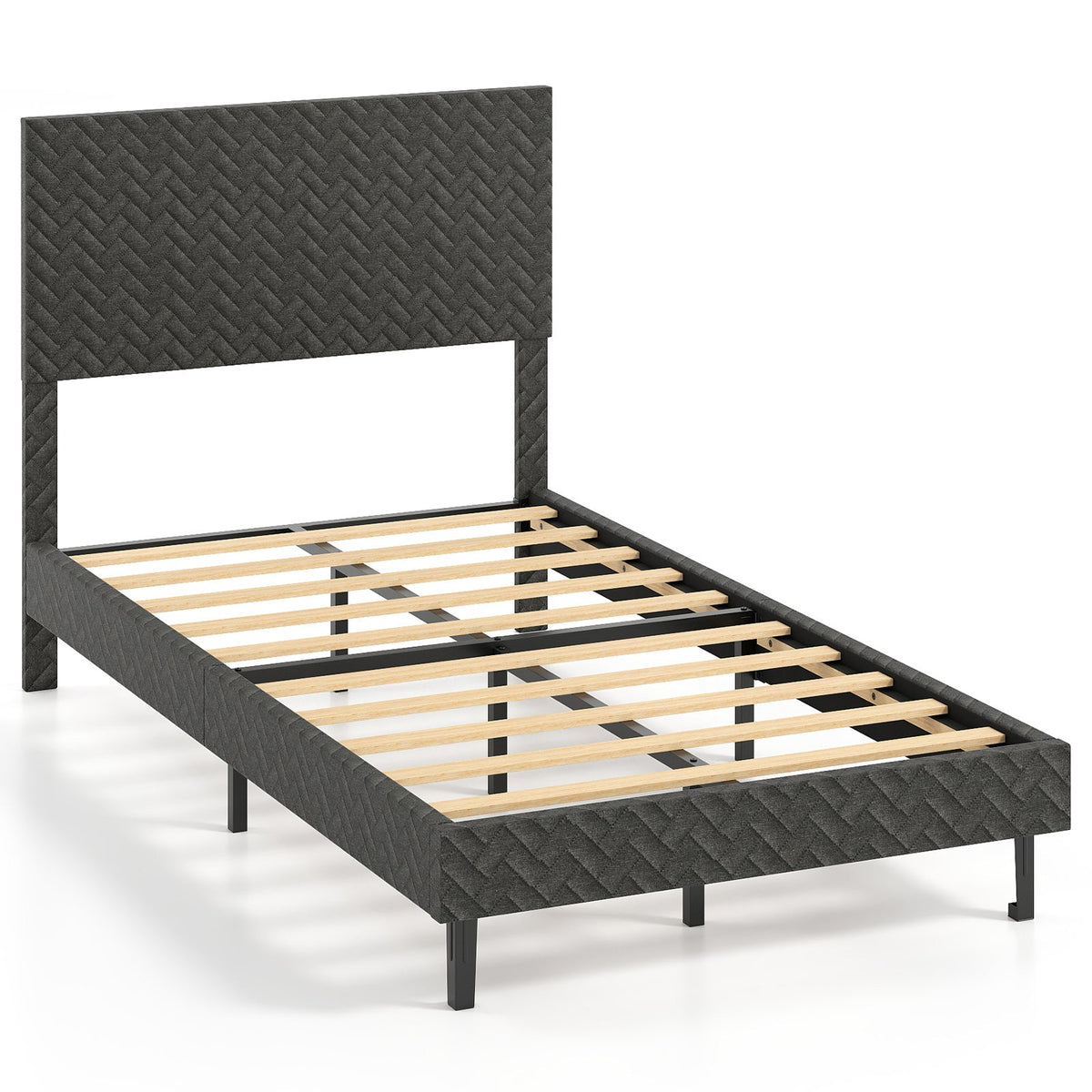 Twin/Full/Queen Size Velvet Bed Frame Upholstered Platform Bed with Chevron Headboard Gray