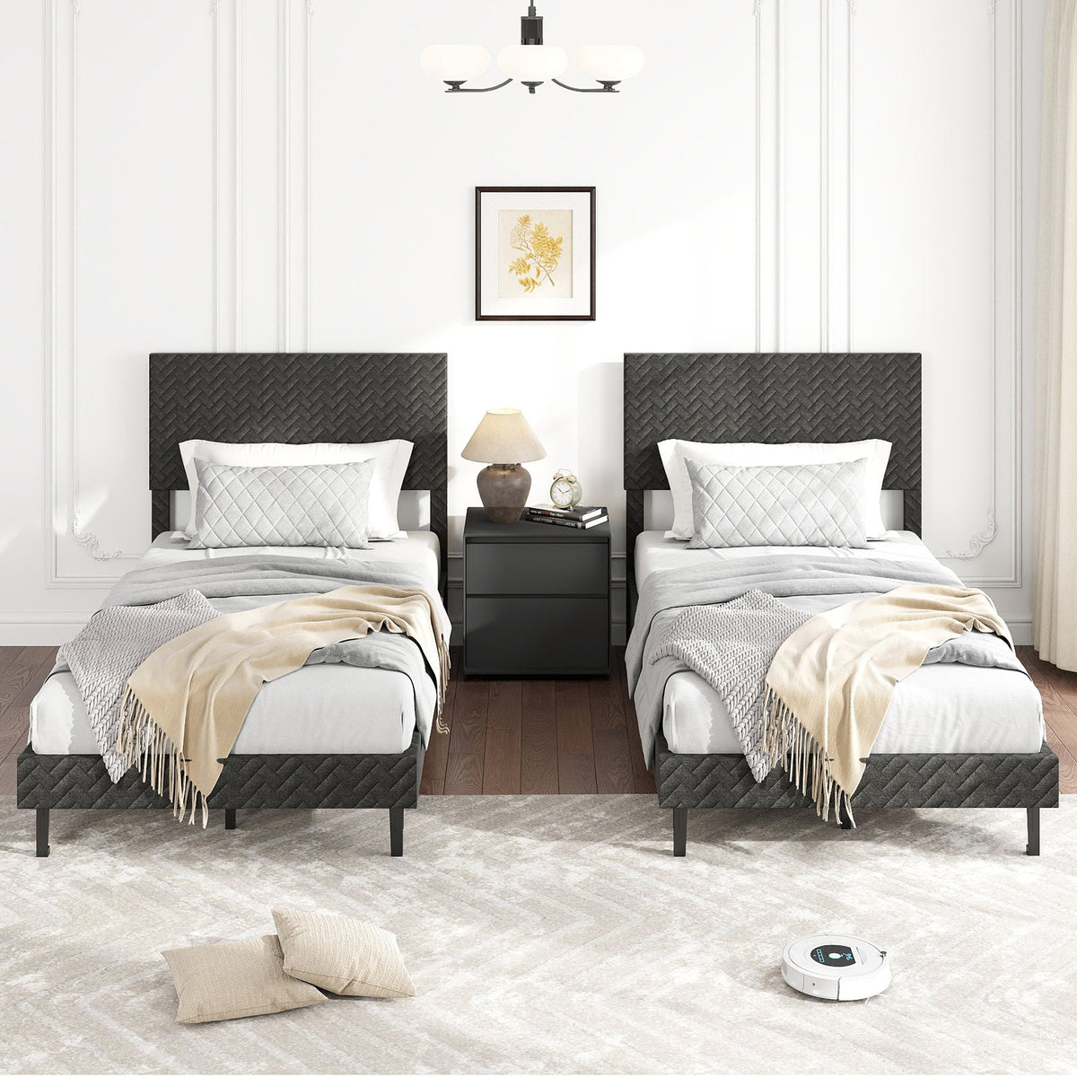 Twin/Full/Queen Size Velvet Bed Frame Upholstered Platform Bed with Chevron Headboard Gray