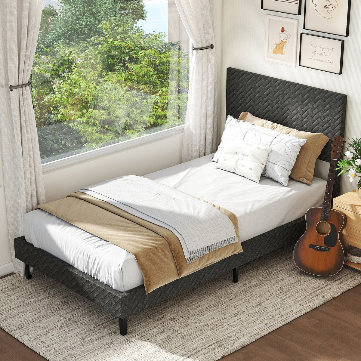 Twin/Full/Queen Size Velvet Bed Frame Upholstered Platform Bed with Chevron Headboard Gray