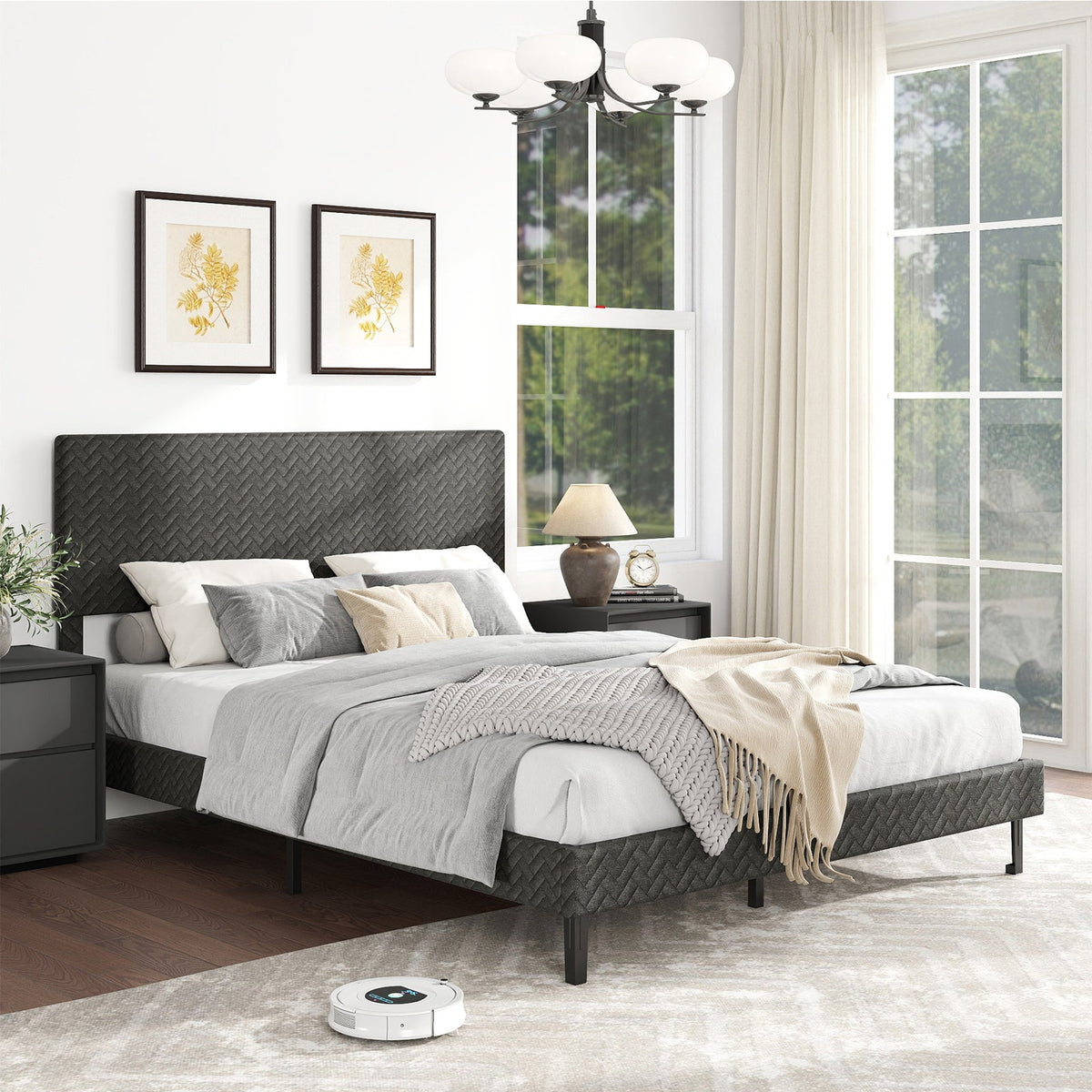 Twin/Full/Queen Size Velvet Bed Frame Upholstered Platform Bed with Chevron Headboard Gray