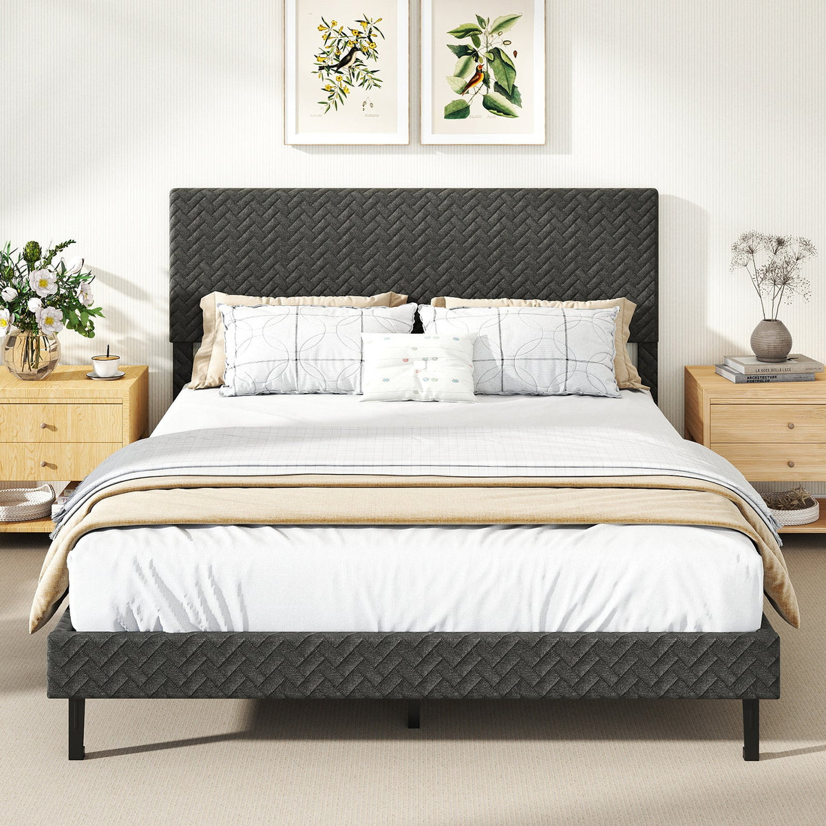 Twin/Full/Queen Size Velvet Bed Frame Upholstered Platform Bed with Chevron Headboard Gray