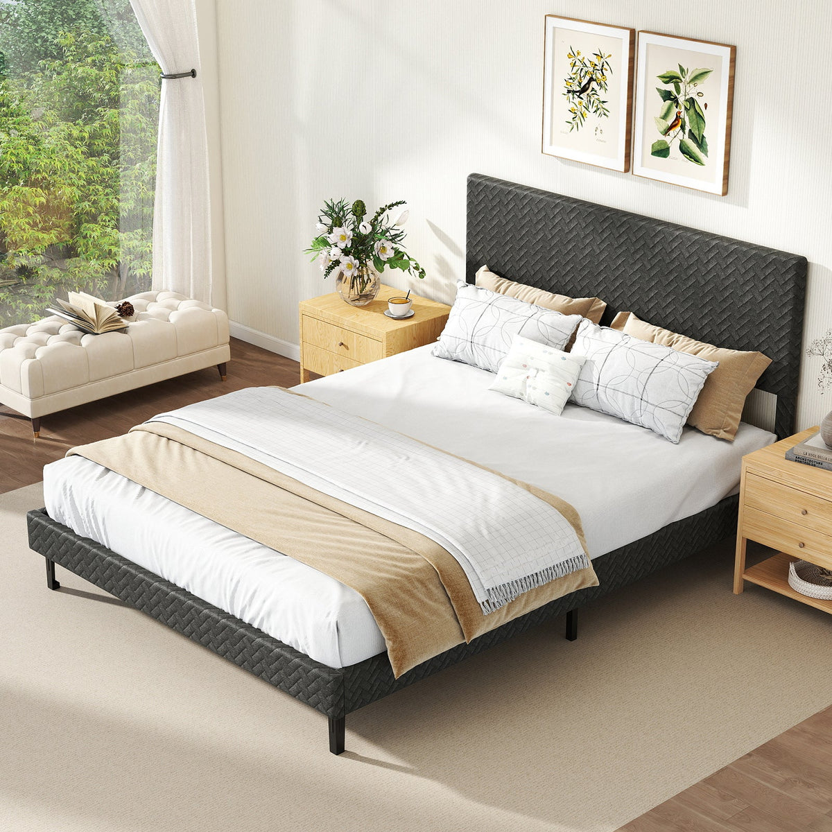 Twin/Full/Queen Size Velvet Bed Frame Upholstered Platform Bed with Chevron Headboard Gray