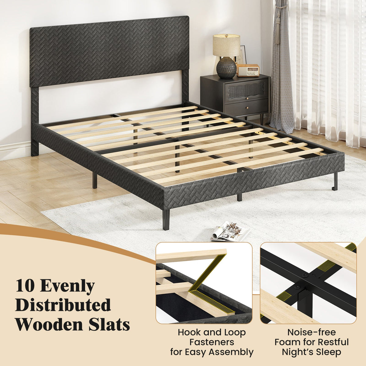 Twin/Full/Queen Size Velvet Bed Frame Upholstered Platform Bed with Chevron Headboard Gray
