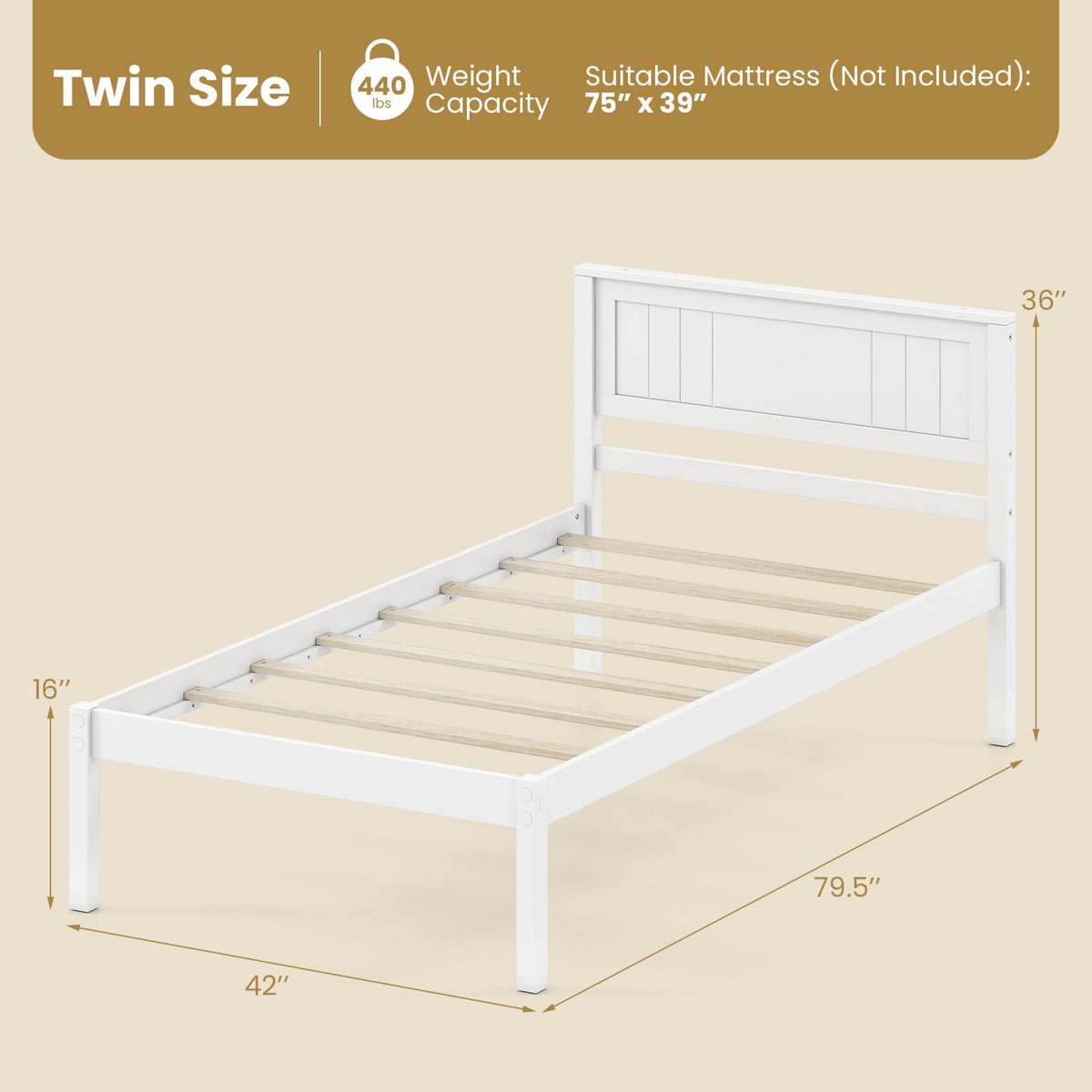 Twin/Full/Queen Size Sturdy Wooden Bed Frame with Headboard and Slat Support