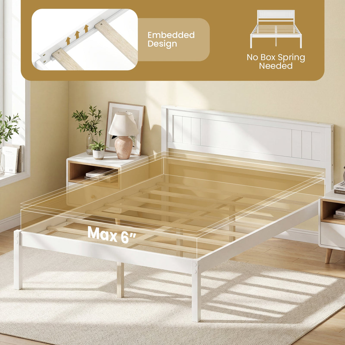 Twin/Full/Queen Size Sturdy Wooden Bed Frame with Headboard and Slat Support