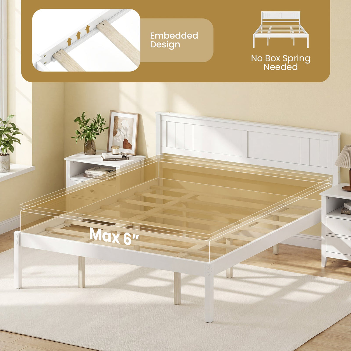 Twin/Full/Queen Size Sturdy Wooden Bed Frame with Headboard and Slat Support