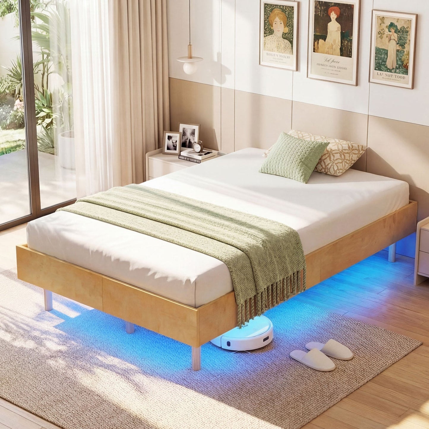 Twin/Full/Queen Size Floating Bed Frame with LED Lights for Bedroom